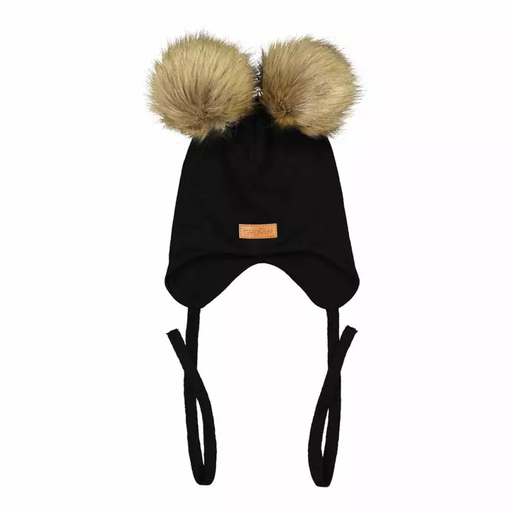 Gugguu nauhallinen villapipo karvatupsuilla, musta - Talvipäähineet - GGM70328 - 1